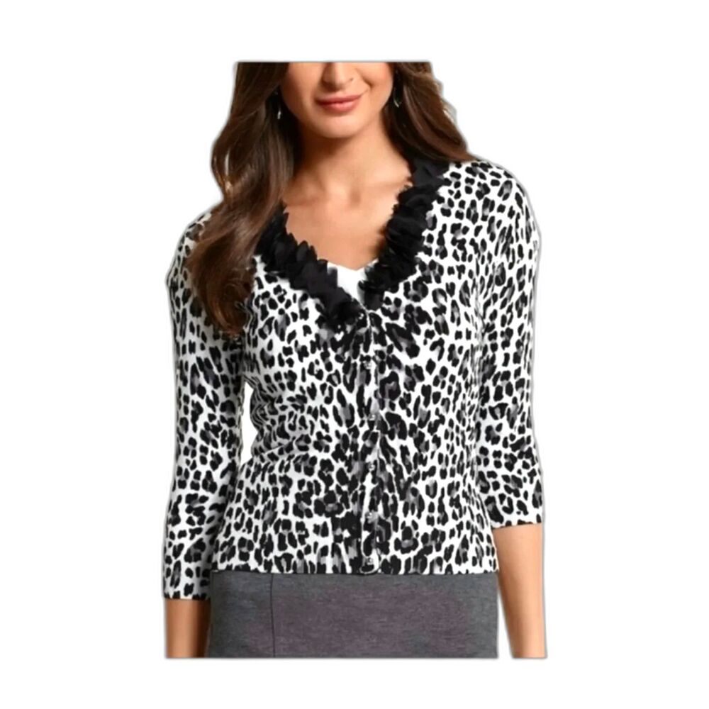 White House Black Market Leopard Print Cardigan Ruffle Trim Snap Front S